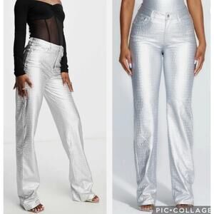 NWT Naked Wardrobe Faux Leather Silver Croc Straight Leg Pants Size XS